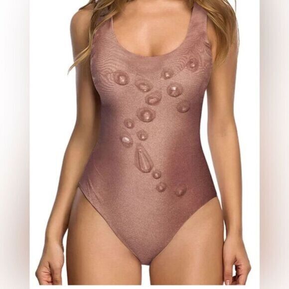 NWT Women’s One Piece Swimsuit Rust Brown Water Drops Shelf Bra - Size Medium - Picture 1 of 6